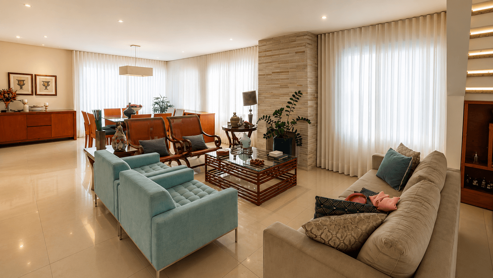 Sala elegante com cortina wave sob medida